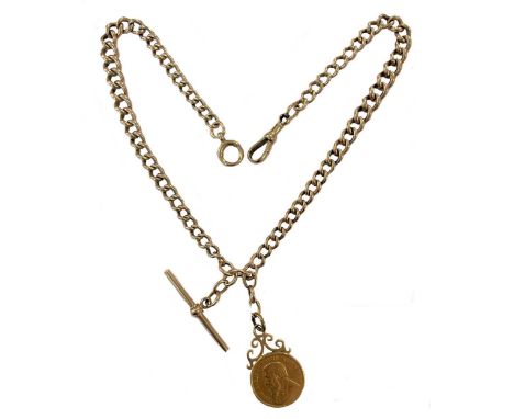 An early 20th century 9ct rose gold watch chain with attachment, circa 1904, graduated rolled curb links, 7 - 5mm wide, each 