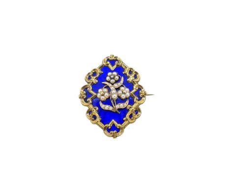 An enamel, split pearl and diamond memorial brooch, oval shaped, with an applied floral centrepiece set with split pearls and