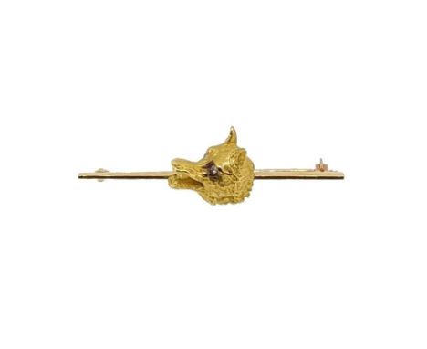A diamond set wolf head bar brooch, realistically formed wolf head with a textured finish, the eyes set with old brilliant cu
