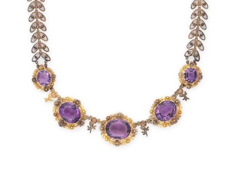 A Victorian amethyst centrepiece necklace, five graduated oval faceted amethysts, approximate length from 12 to 19.3mm, each 