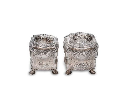 A George II silver tea caddy and matching sugar box,  each with mark of Samuel Herbert & Company, London 1750, of rectangular