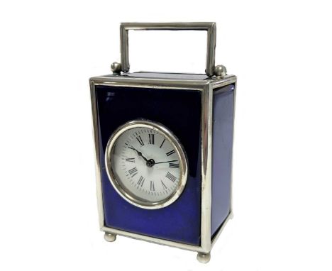 Barrett & Sons, London - A late 19th century Sterling silver and blue glass boudoir carriage clock, circa 1896, of traditiona