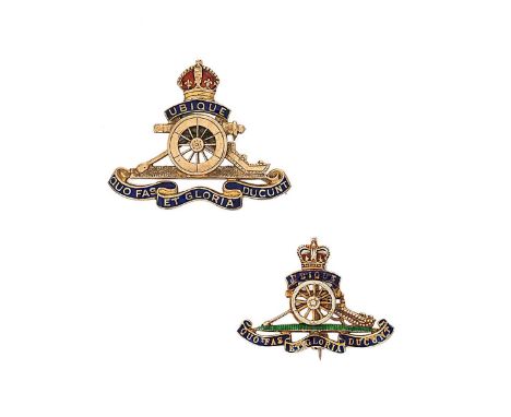 Two Royal Artillery Regimental brooches, both designed as the regimental badge of the Royal Artillery, depicting a crowned ca