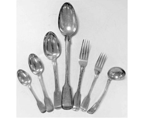 A 35-piece set of George IV silver flatware with 24 additions, mark of William Chawner, London 1823, 'Fiddle &amp; Thread' pa