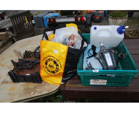 Exterior wall light, mixer tap, builders plastering floats, cast iron pans and wall bracket.