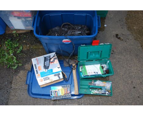 A plastic box of Black & Decker hot air gun, Bosch tool box of drills, etc, hammer, hatchet, leather carrier bag of various t