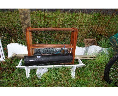 A clothes airer, mirror back, curtain poles, shelving, enamel flue pipe.