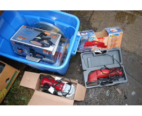 A plastic box of grip clamps, Black & Decker sander, Black & Decker 41/2" angle grinder plus portable sander.