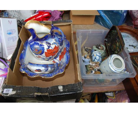 Wash jug and basin, soap dish by Doulton Burslem, oriental figures etc.