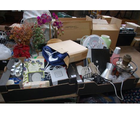 Four boxes of miscellanea, china, oil amp, bathroom scales, lava lamp etc.