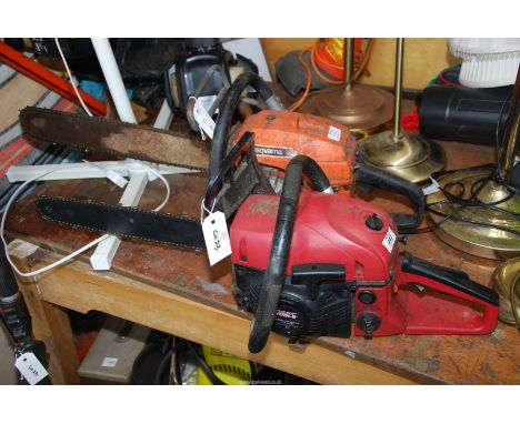 A Husqvarna chainsaw (no pull cord or safety brake - for spares and repairs).  A XXX tools chainsaw with chain brake, 17" cut