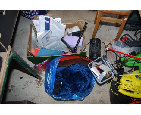 A box of miscellaneous, draught door snakes, 'Lock & Lock' boxes, recorder, etc.