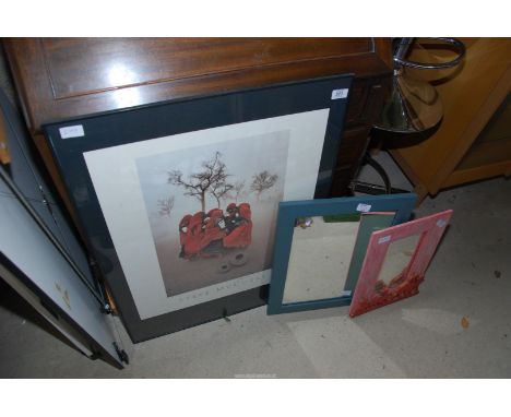 A print and two modern mirrors.