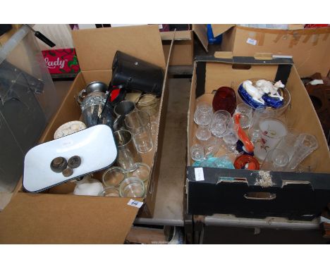 Pair of 'the Viking' weighing scales, glasses, binoculars, Staffordshire greyhounds a/f, etc.