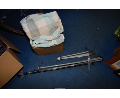 Picture Easel, tripod and box of cream/turquoise curtains.