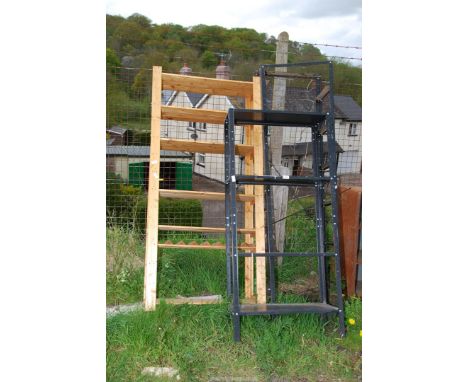 Two metal and wooden shelf units.