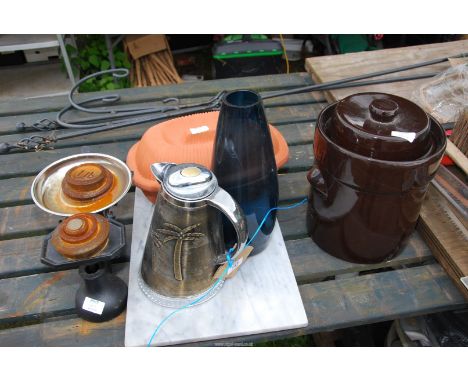Coffee pot, urn, chicken crock, scales etc.