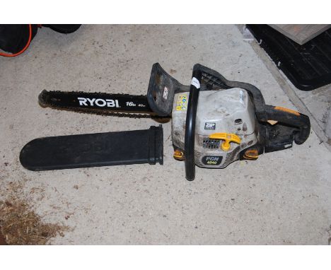 A Ryobi chainsaw, 16" cutter bar, chain brake working.