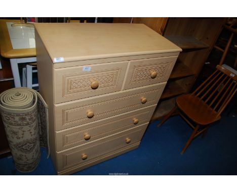 A light woodgrain chest of two short over three long drawers by Alston Furniture, Ipswich 30" wide x 16" deep x 41" high.