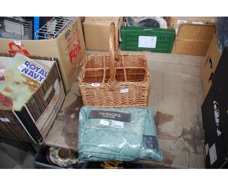 A six bottle wicker carrier and a pair of curtains, 66" wide x 72" drop.