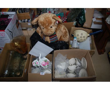 An enamel colander, teasets and a Russ large teddy.