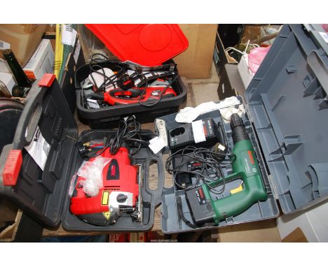 A Black & Decker Sander-decor-mate, a cased extreme jigsaw, a Bosch 9v cordless drill cased.**
