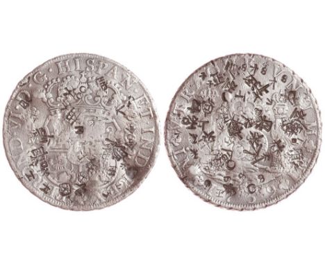 8 reales. 1759. Lima. JM. Múltiples resellos chinos. Ar. CAL-319. MBC-.