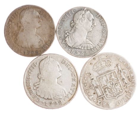 Lote de cuatro monedas de 8 reales Carlos III 1777 Méjico, 1788 Potosí, Carlos IV 1792 Lima y 1793 Méjico. A EXAMINAR. BC/BC+