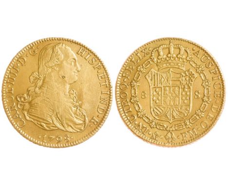 8 escudos. 1798. Méjico. FM. Reproducción moderna de 14 k. Au. 28,14gr. CAL-49 similar. MBC+.