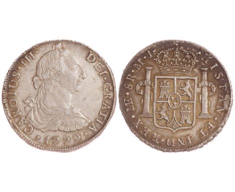 8 reales. 1779. Lima. MJ. Pátina en el reverso. Ar. CAL-860. MBC+/EBC-.