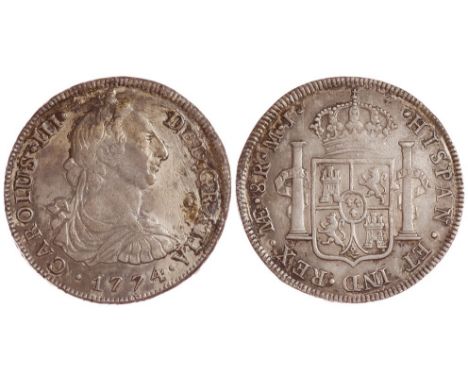 8 reales. 1774. Lima. MJ. Ligera pátina, rayas y restos de concreciones. Ar. CAL-855. MBC+.