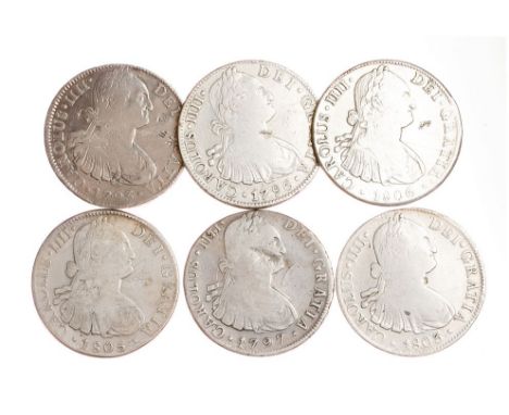Lote de seis monedas diferentes de 8 reales, Méjico (5) y Lima (1). A EXAMINAR. Ar. BC-/BC+.
