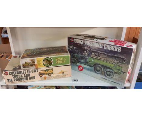 Vintage Airfix series 8 Dodge personnel carrier and 15 cwt truck and 6 pdr gun, still bagged and a series 5 Monty's Humber pa