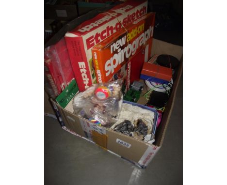 A box of vintage games etc including marbles, pewter dragons etc 