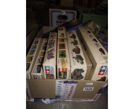 Vintage Tamiya and Airfix, Revell military vehicle model kits, part built in various condition, unchecked for completeness 