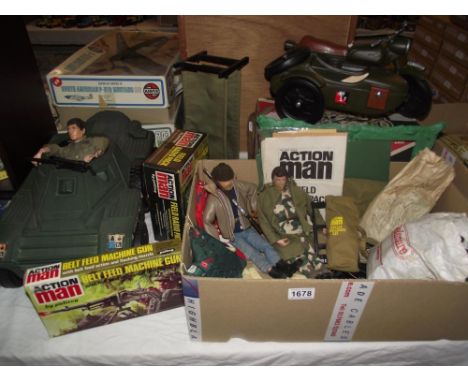 A vintage Action Man boxed belt feed machine gun and field radio pack and 2 dolls, clothing, tent etc and boxed Cherilea Germ