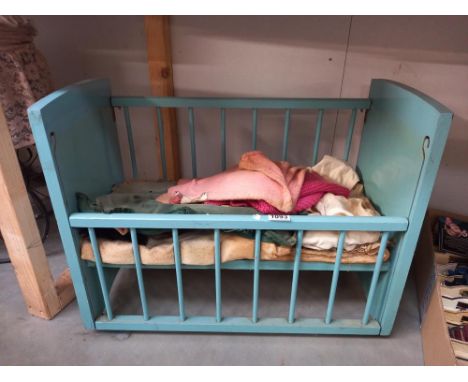 A vintage painted wooden dolls cot etc COLLECT ONLY 