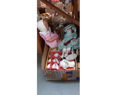 3 vintage dolls and 1 other and boxed china dolls tea set etc 