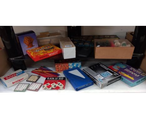 A good selection of vintage games etc  including chess set, dominoes etc on 2 shelves 