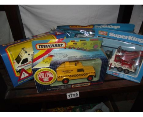 Boxed Matchbox Superkings including K-20 wreck truck and K31 Peterbilt refrigerator truck 