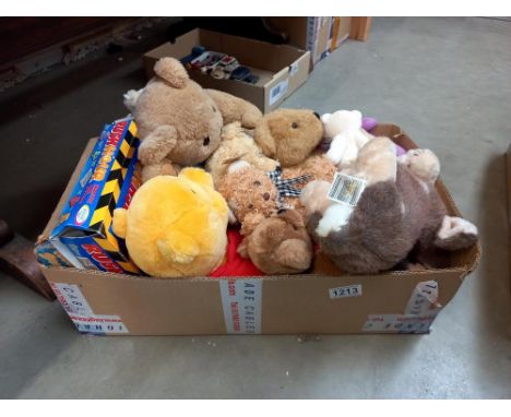 A box of small teddies, including Winnie The Pooh, plus cribbage board etc 