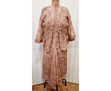 1940's/50s apricot coloured lace over buff coloured satin evening dress, net panels, drop waist with matching jacket with but