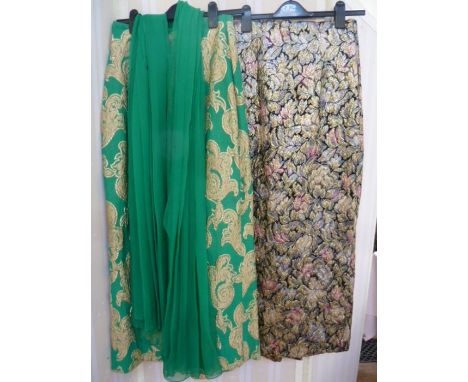 Vintage full length emerald green and gold brocade skirt, with a matching chiffon scarf, a vintage brocade full length skirt,