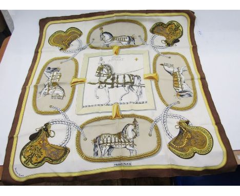 Vintage Hermes silk scarf 'Grand Apparat' designed by Jacques Eudel, some faint marks, off setting from being folded, rolled 