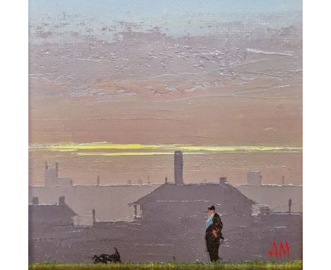 Austin Moseley (1930-2013)&nbsp;
Oil on board&nbsp;
"Crack of Dawn", man and dog with hilltops and sunrise in background, ini