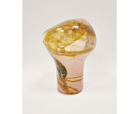 Sam Herman (b.1936) art glass vase of irregular shouldered form, decorated with mottled iridescent brown, green, yellow and c