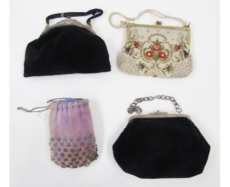 Edwardian velvet evening bag&nbsp;with silver-plated fixed frame, with repousse decoration and button press opening, a 1920's