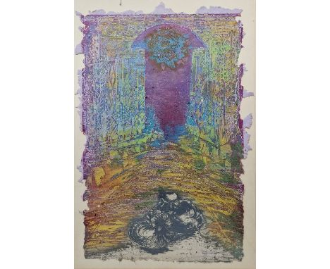 Bridget Temple (21st century)&nbsp;
Mixed media on paper&nbsp;
Sun within geometric archway, signed in pencil lower right, nu