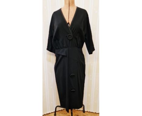 Three vintage 1940's/50's black dresses, one with large button details, black chiffon beaded cocktail dress, gathered bodice 
