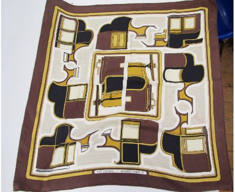 Vintage Hermes silk scarf 'Les Coupes' designed by F. de la Perriere, rolled edges, tiny hole by the title